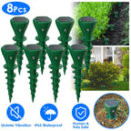 8-pack solar mole and gopher repellent stakes shown installed in lawns and gardens