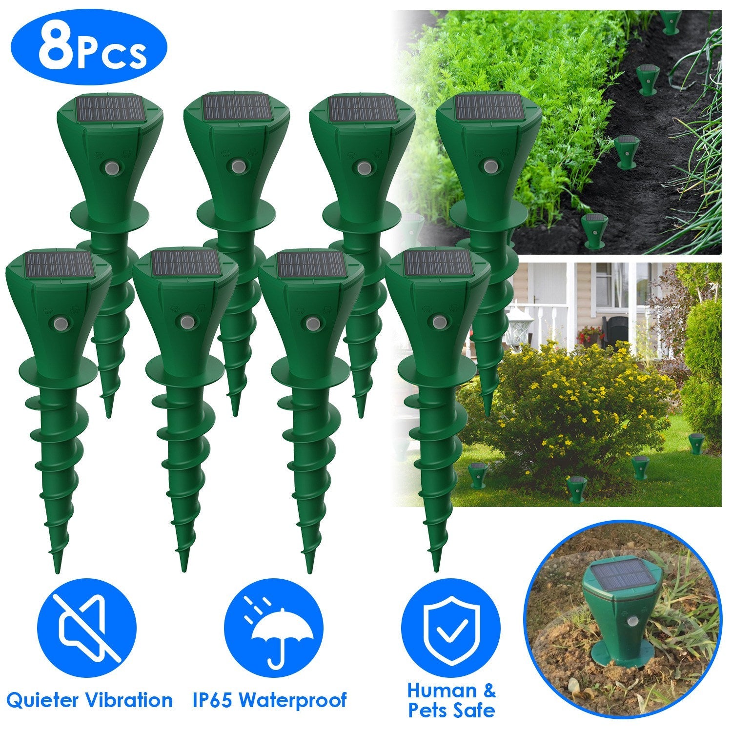 8-pack solar mole and gopher repellent stakes shown installed in lawns and gardens