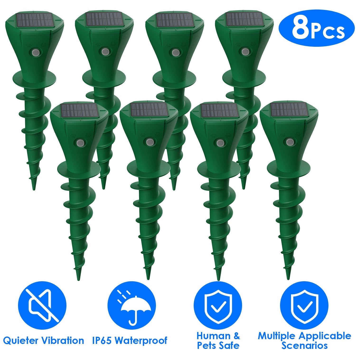 8-pack solar mole repellent stakes with vibration and IP65 waterproof design