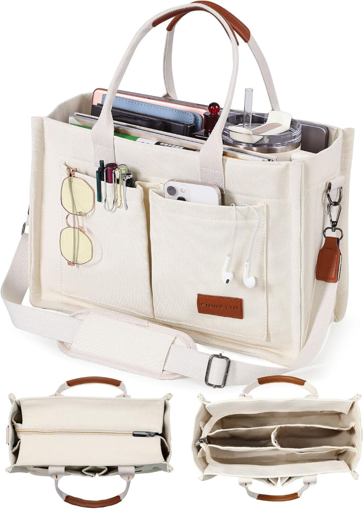 Canvas Tote Bag – Work & College Organizer Handbag with Zipper & Compartments