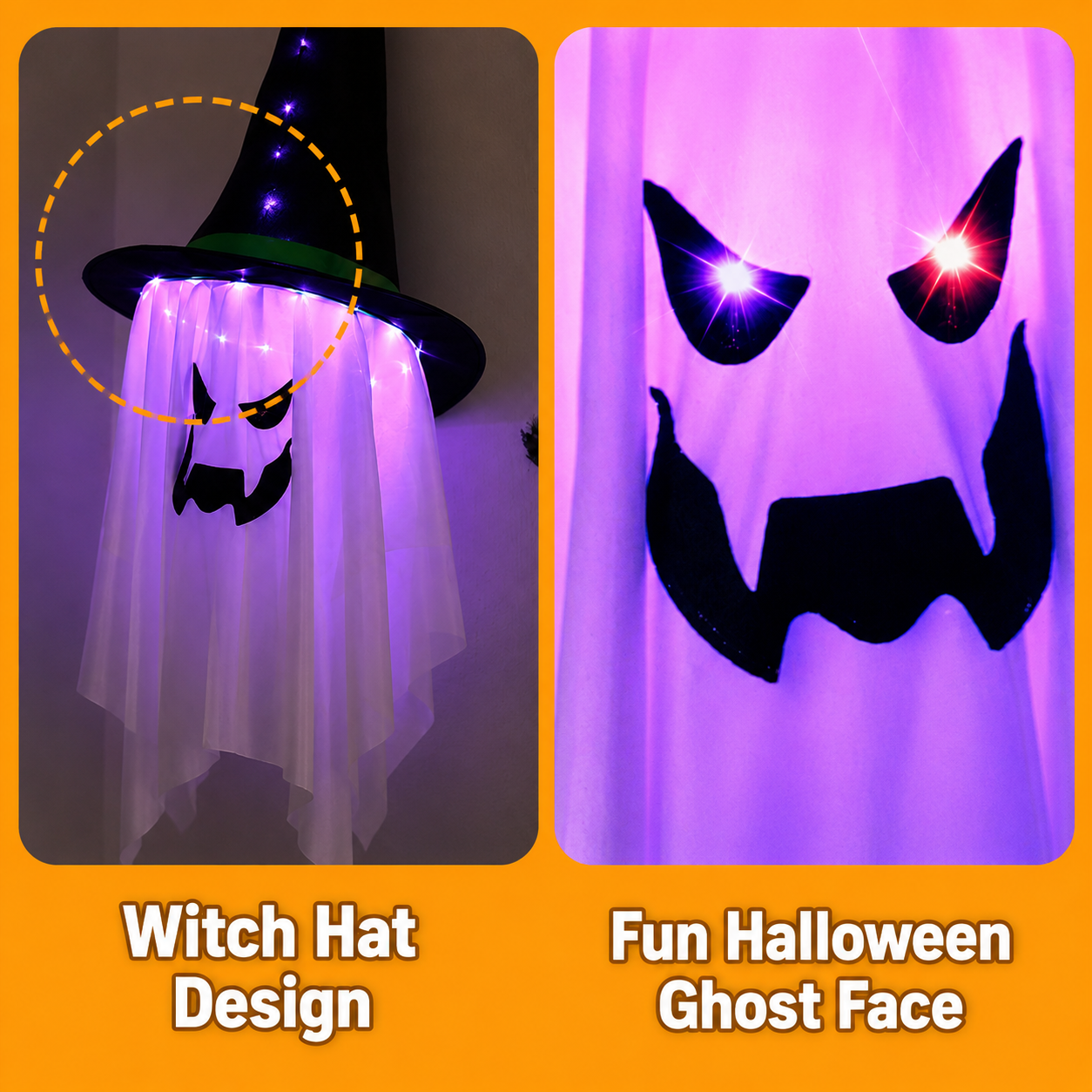 2-Pack Light Up Hanging Ghost Decorations with Witch Hats for Porch & Yard