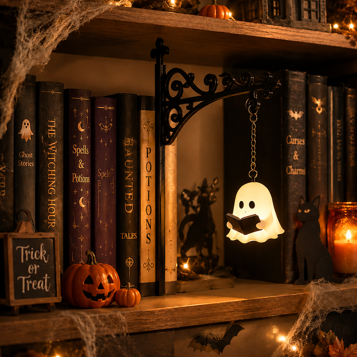 Halloween Ghost Bookshelf Lamp, Warm White Cordless Decorative Light