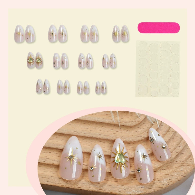 Celestial Almond Press On Nails – Gold Sun & Star French Design
