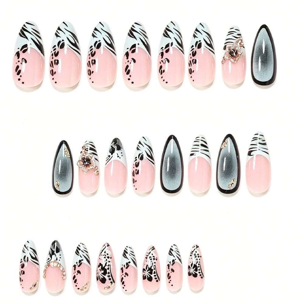 Short Almond Press On Nails – Green Leopard & 3D Floral Design