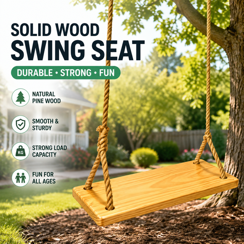 Solid Wood Swing Seat with Hemp Rope, Outdoor Tree Swing Kit