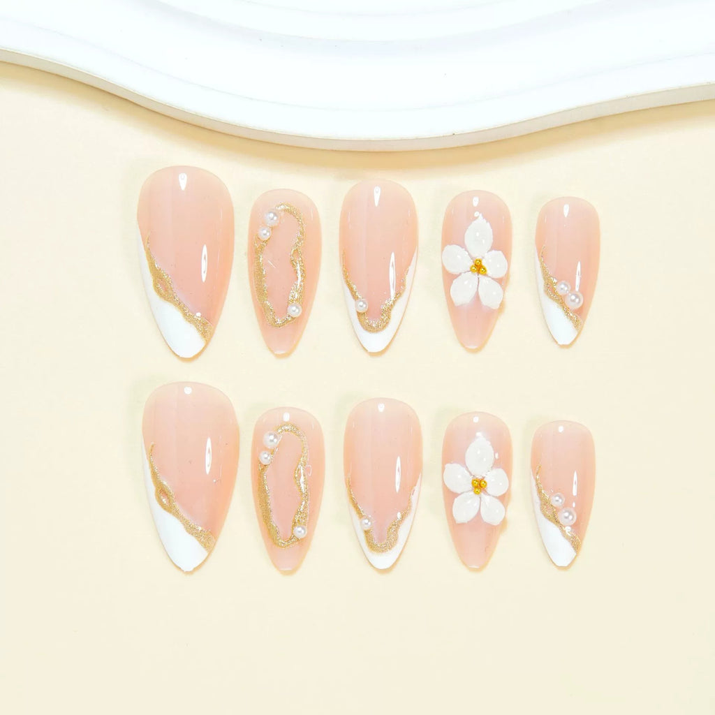 White French 3D Floral Gold Line Almond Press On Nails | 24 Count