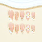 White French 3D Floral Gold Line Almond Press On Nails | 24 Count