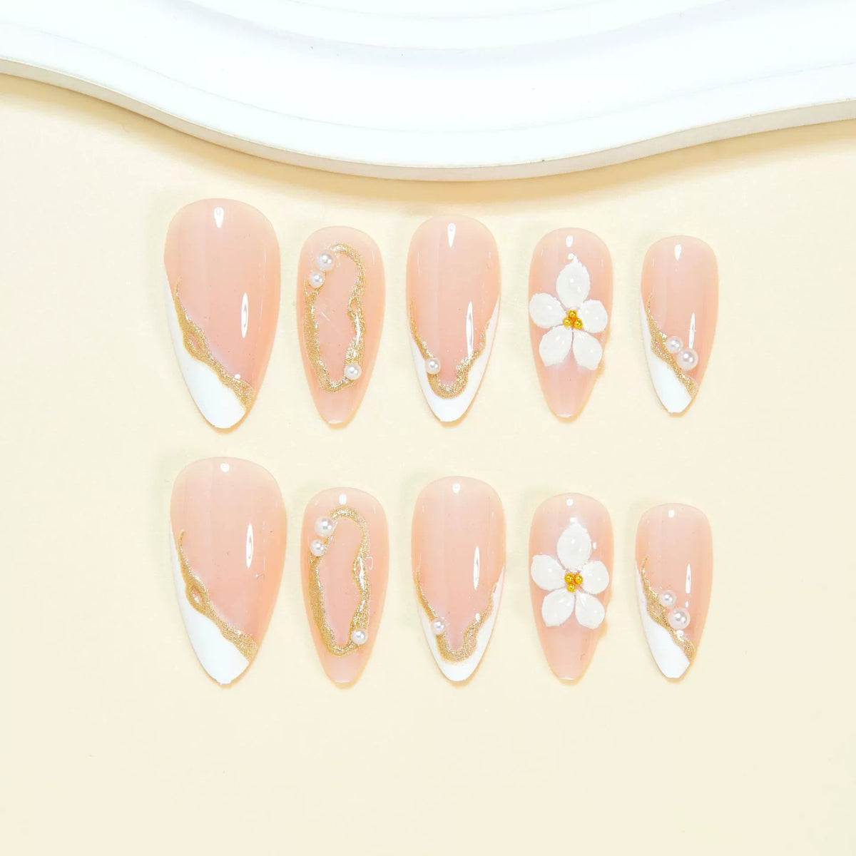 White French 3D Floral Gold Line Almond Press On Nails | 24 Count