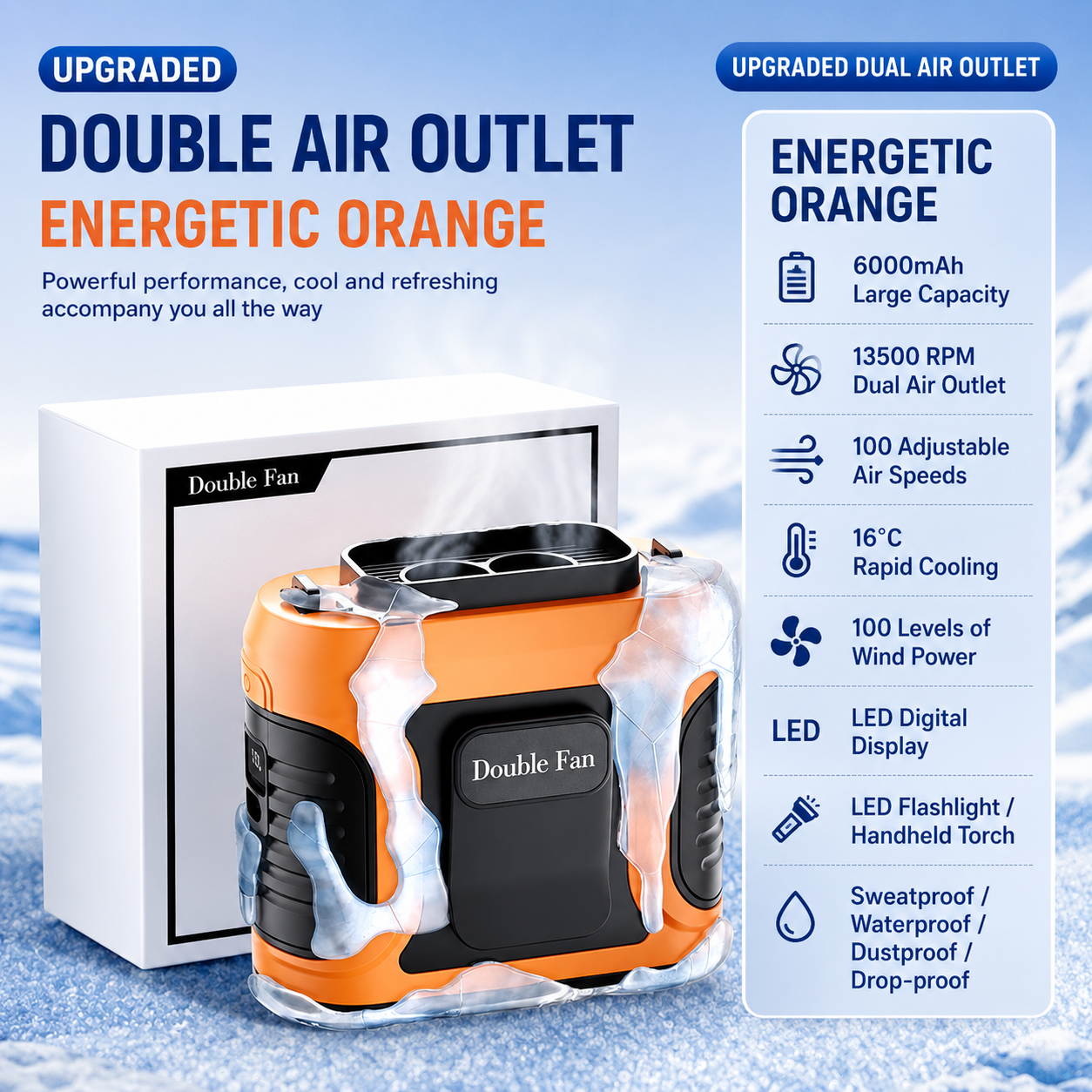 6000mAh Dual Air Outlet Handheld Fan with LED Light & USB-C Charging
