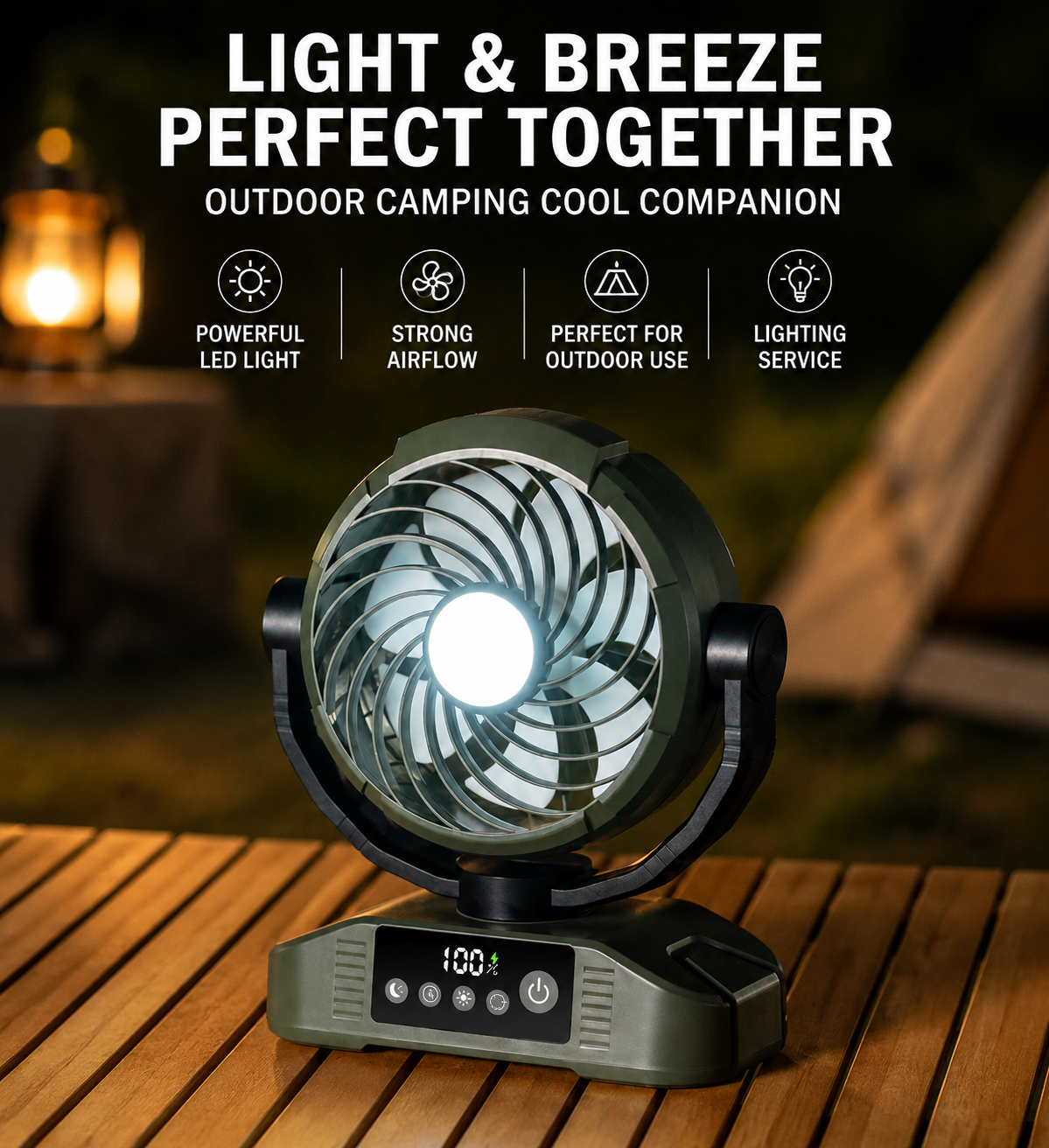 Portable Cooling Fan with LED Light, Remote Control & 5 Speeds