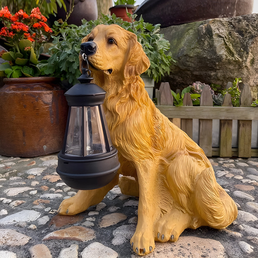 Resin Dog Statue with Solar Lantern, Outdoor Garden Decor Light