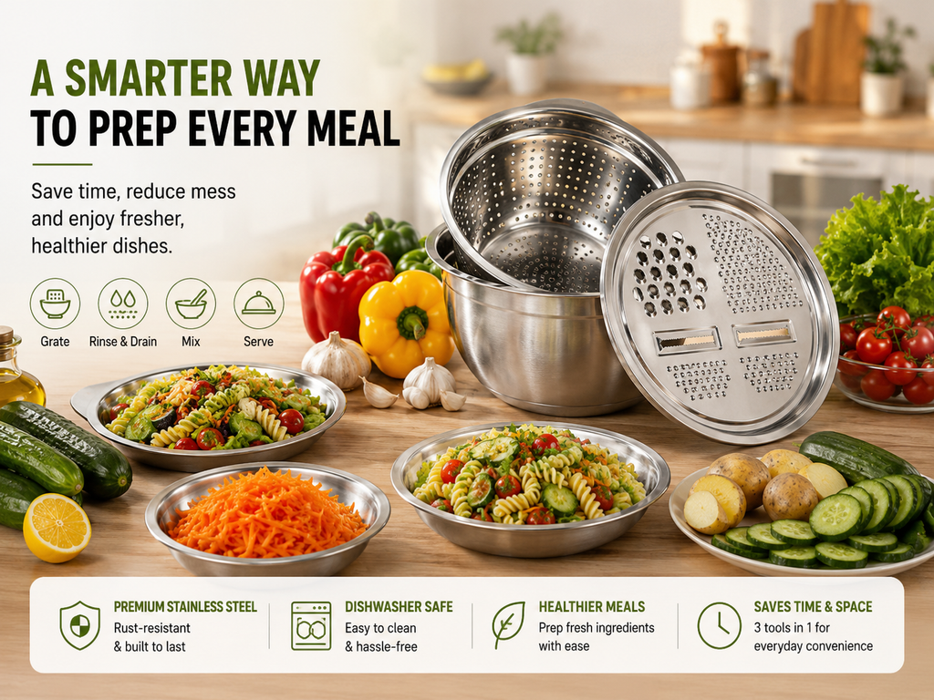3-in-1 Stainless Steel Grater Bowl with Colander