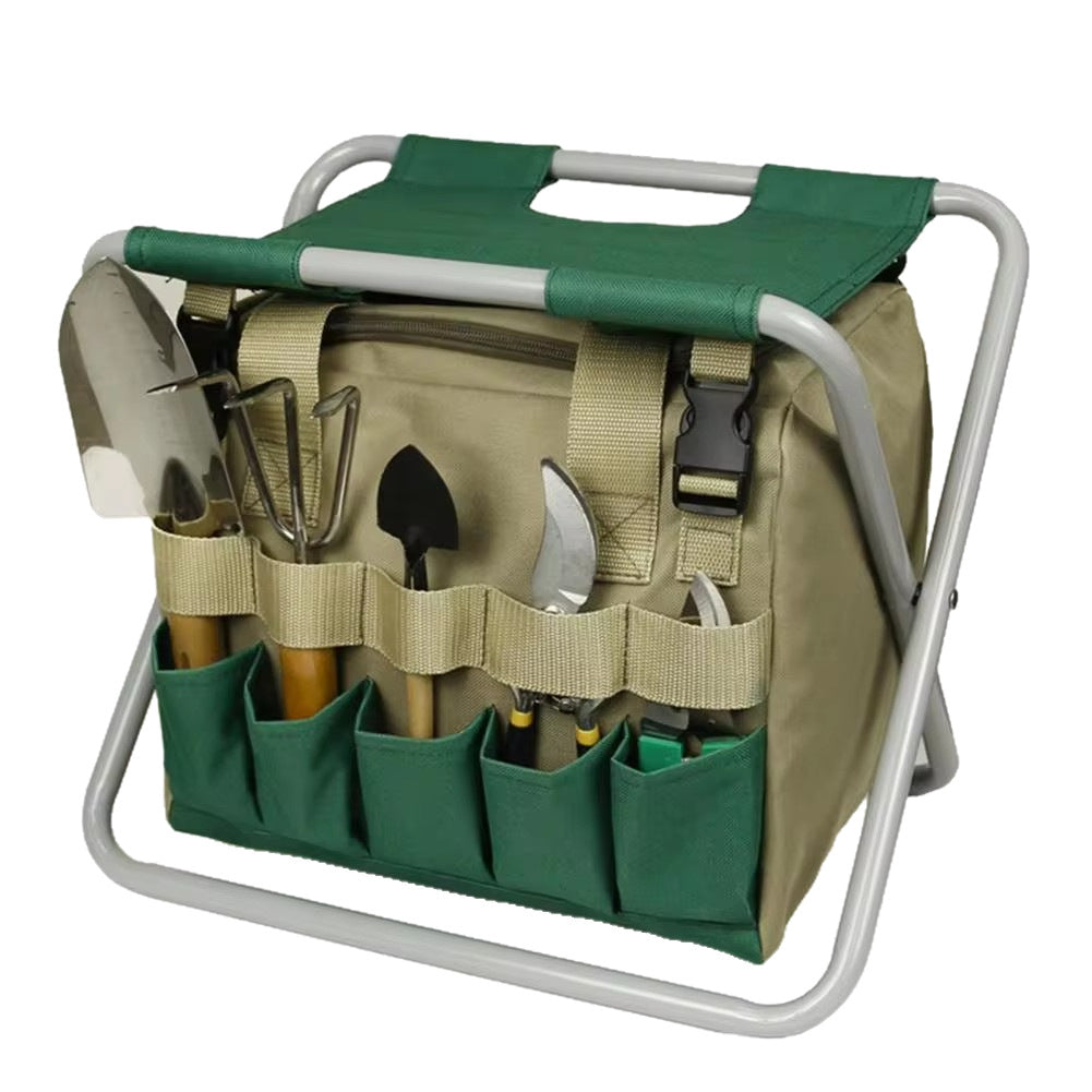 Foldable Garden Stool with Tool Bag and Storage Pockets