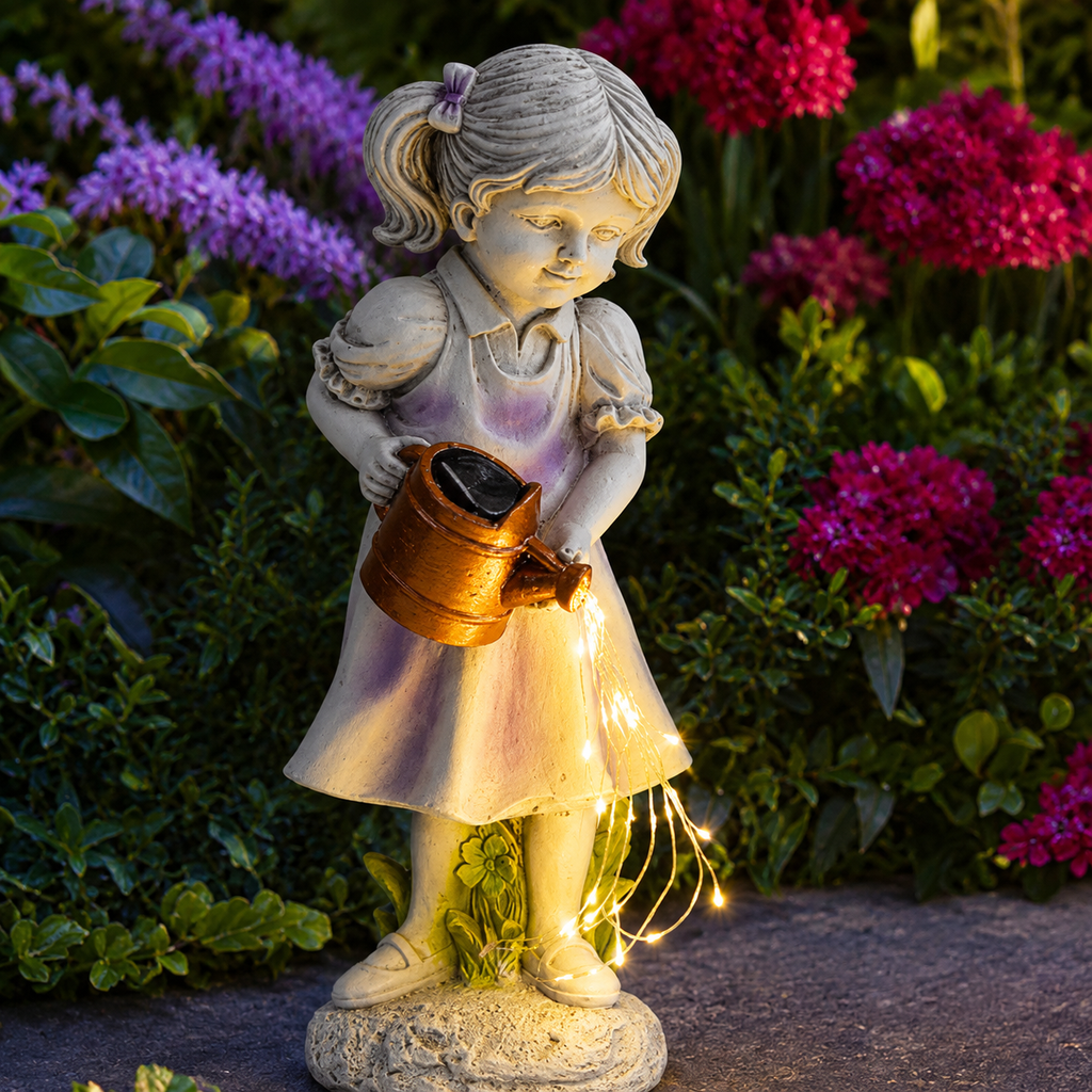 Hand Painted Girl with Solar Watering Can Garden Statue