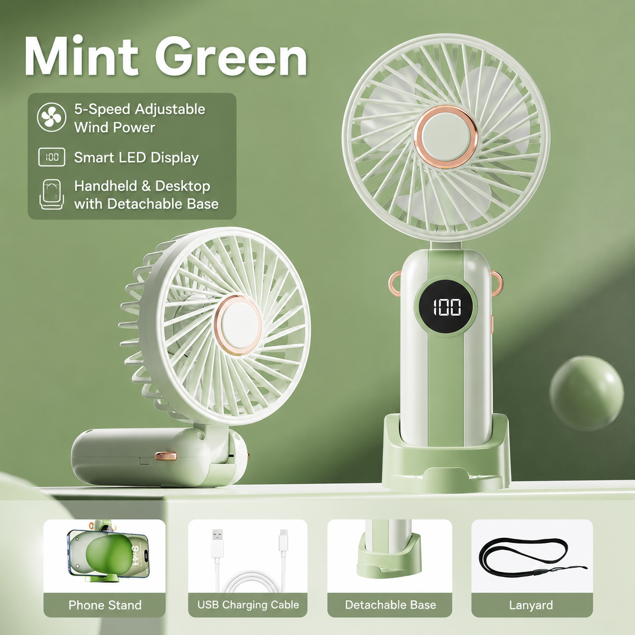 1200mAh Mini USB Rechargeable Fan with 5 Speeds & LED Display