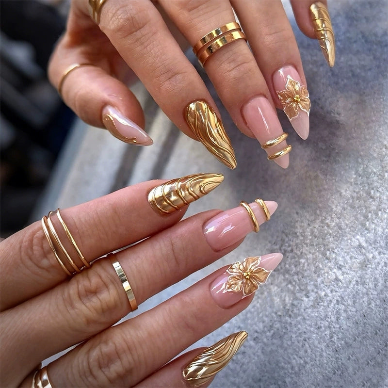 Gold 3D Floral French Long Almond Press-On Nails, 24-Pc Kit