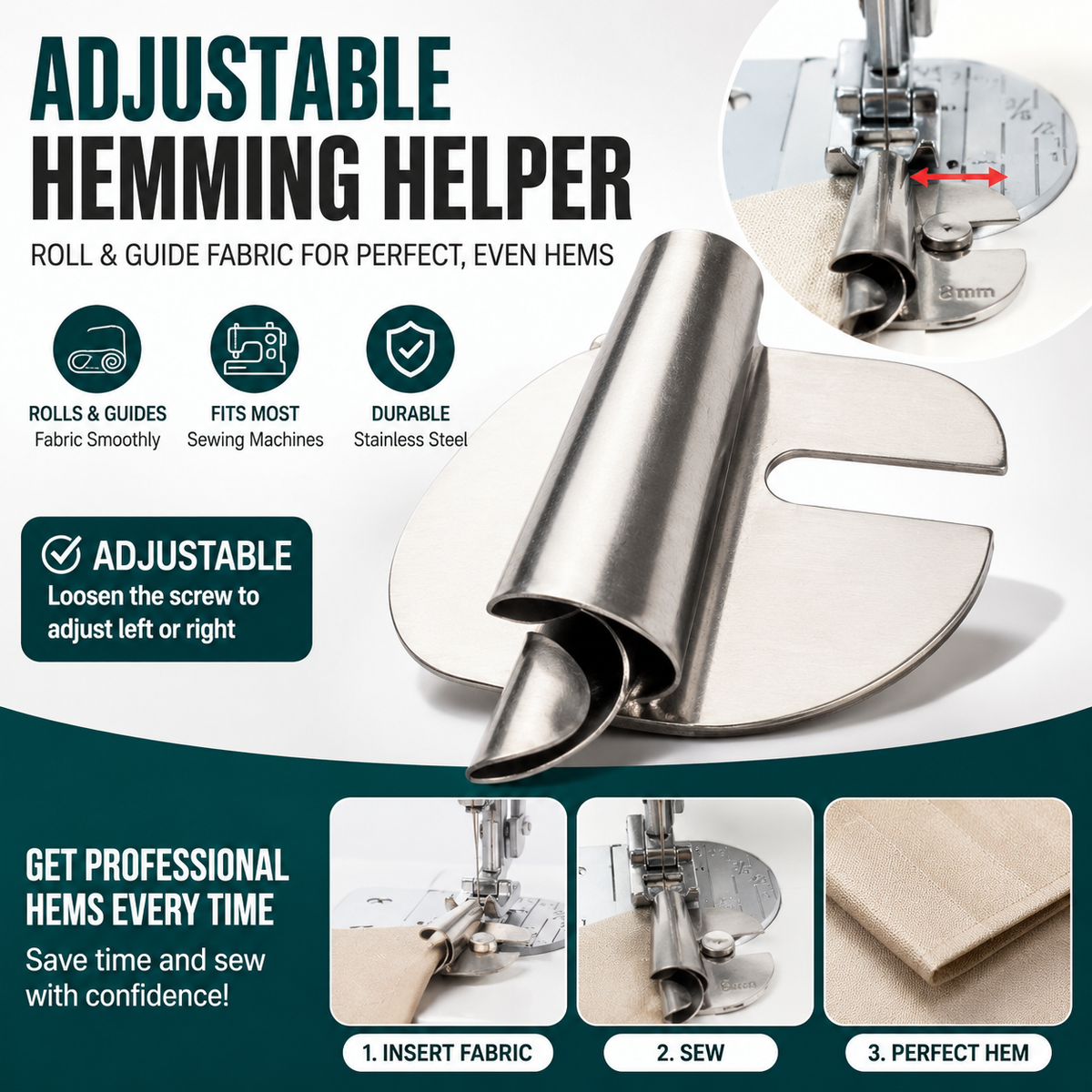 Adjustable Sewing Machine Hemmer Attachment for Rolled Hems
