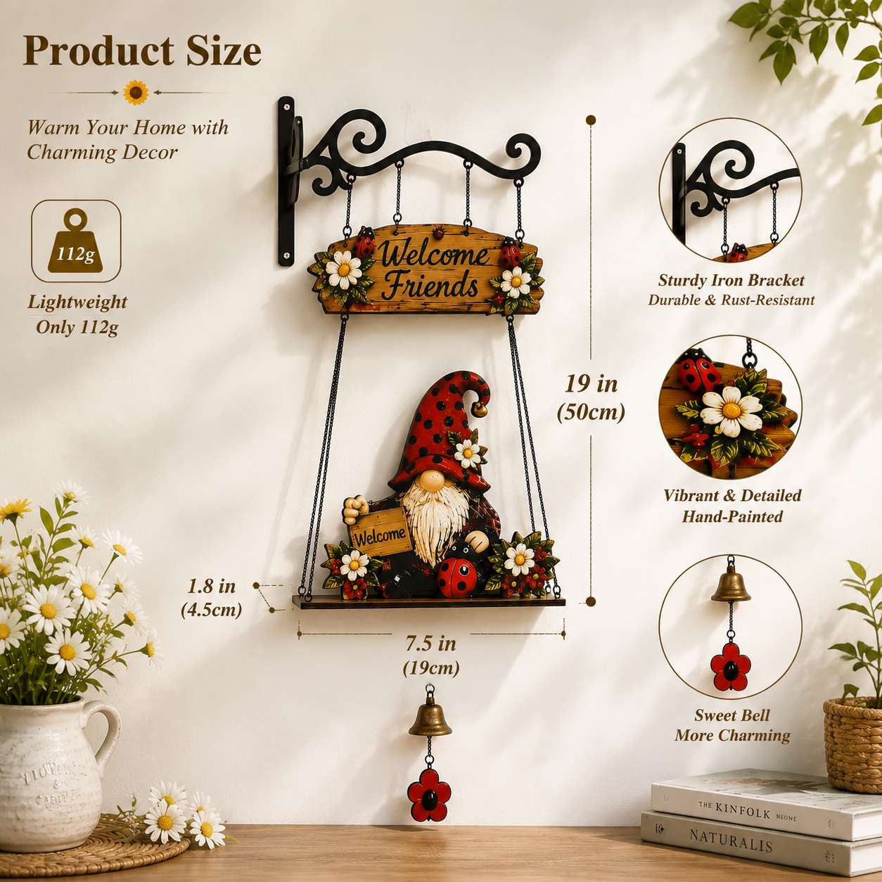 Farmhouse Hanging Welcome Sign with Gnome Decor for Front Door