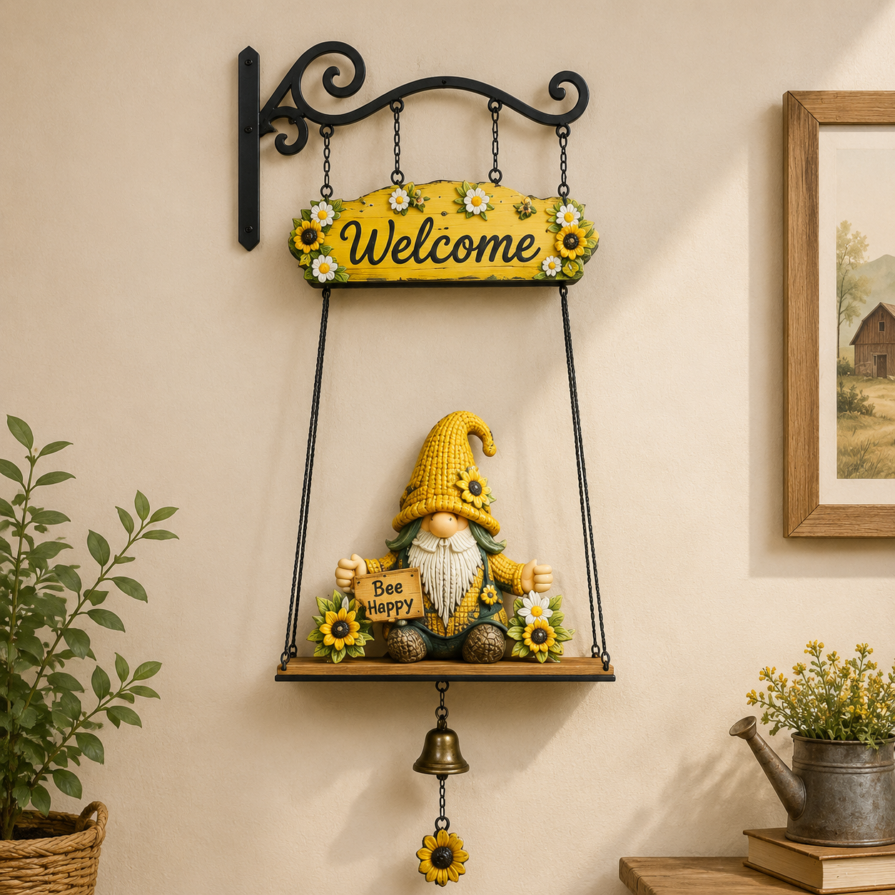 Farmhouse Hanging Welcome Sign with Gnome Decor for Front Door