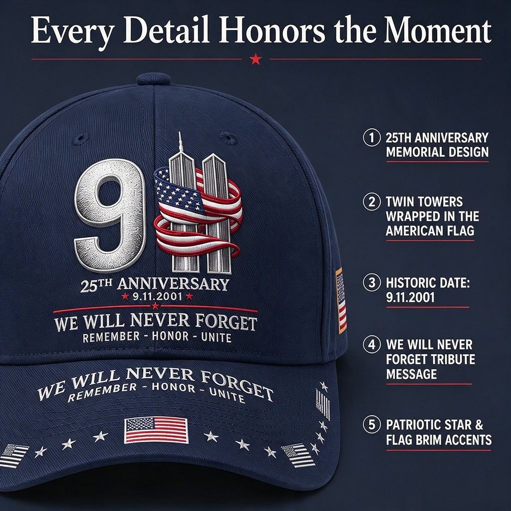 9/11 25th Anniversary We Will Never Forget Memorial Baseball Cap