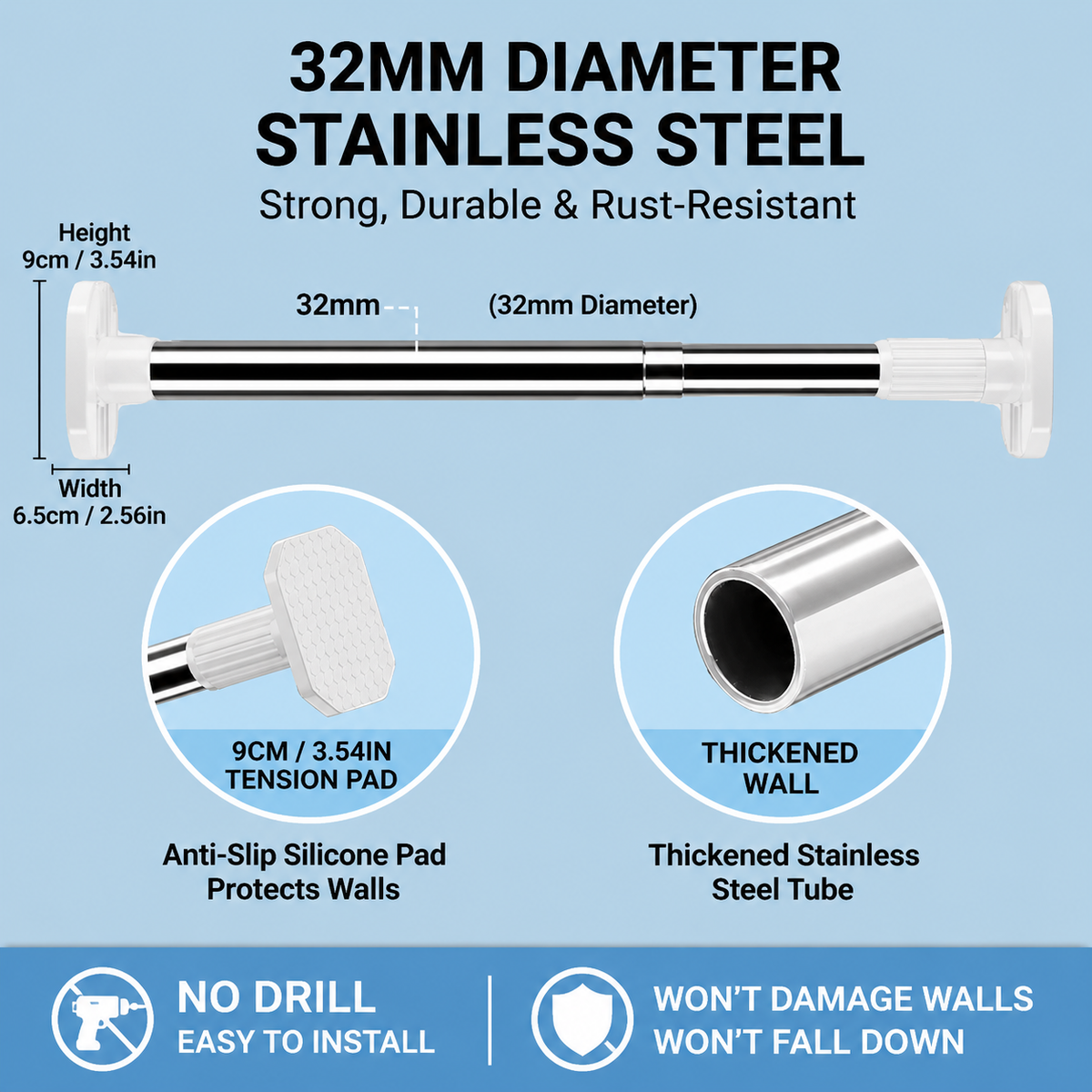 32mm Stainless Steel Tension Rod, Adjustable No Drill Rod for Closet, Curtain & Bathroom