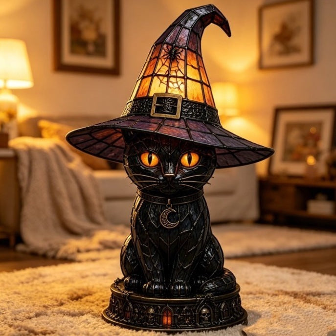 Halloween Gothic Black Cat Witch Hat Lamp, Stained Glass Style Decor