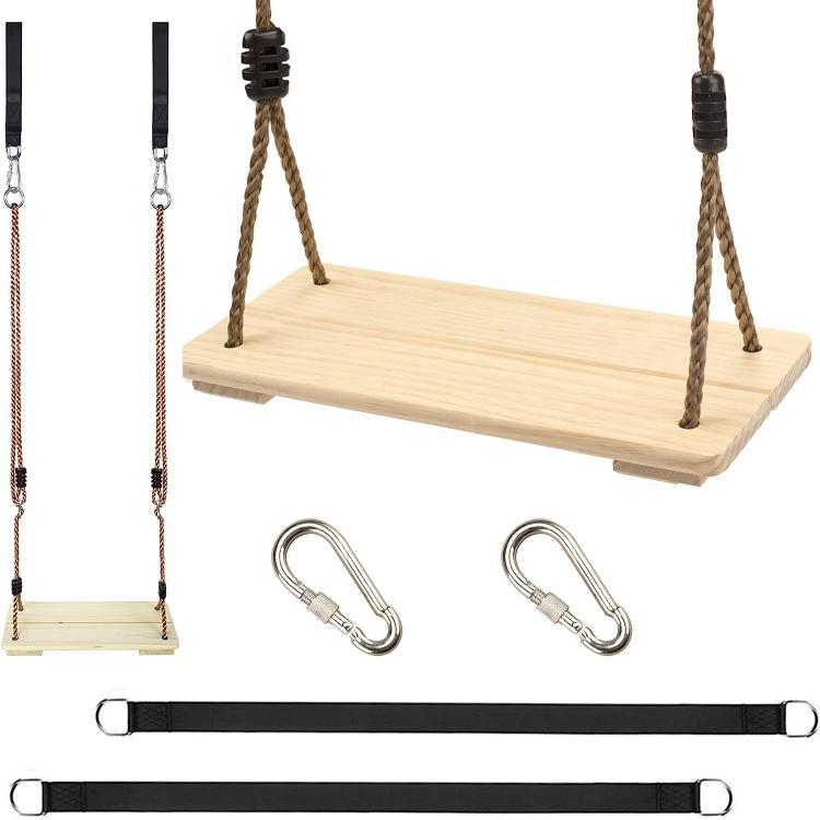 Wooden Swing Seat with Adjustable Rope, Outdoor Tree Swing Kit for Backyard