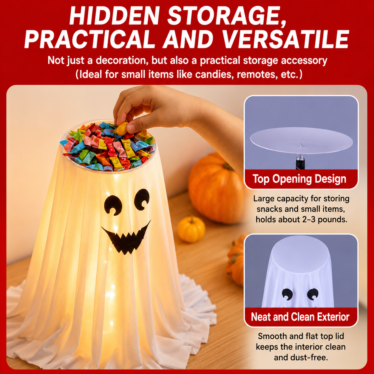 Halloween Ghost Candy Holder with LED Lights & Remote Control for Porch Decor
