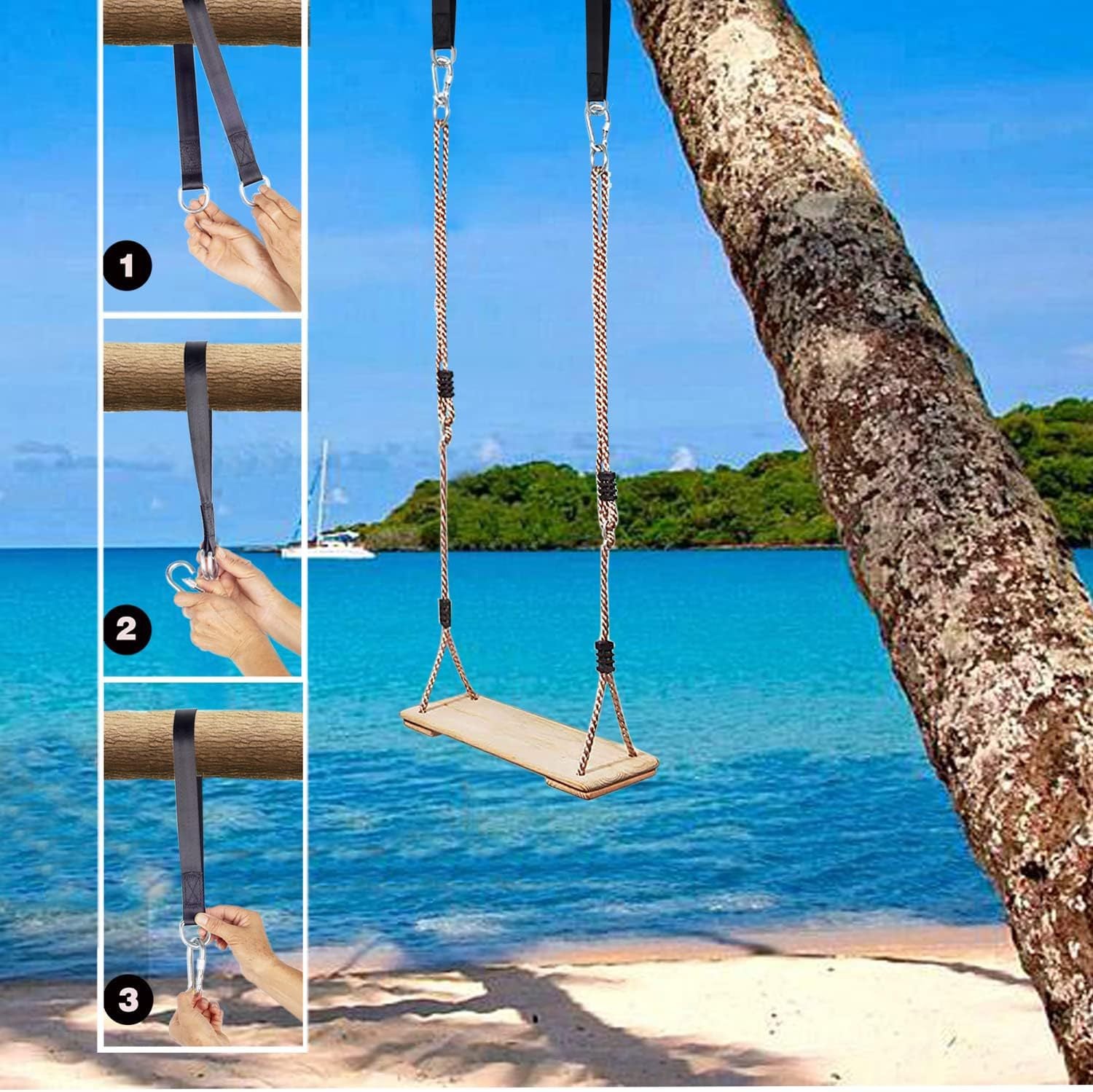 Wooden Swing Seat with Adjustable Rope, Outdoor Tree Swing Kit for Backyard