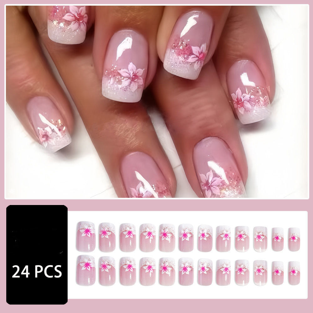 24-Piece Rose Pink Glitter Floral Square French Press-On Nails