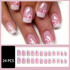 24-Piece Rose Pink Glitter Floral Square French Press-On Nails