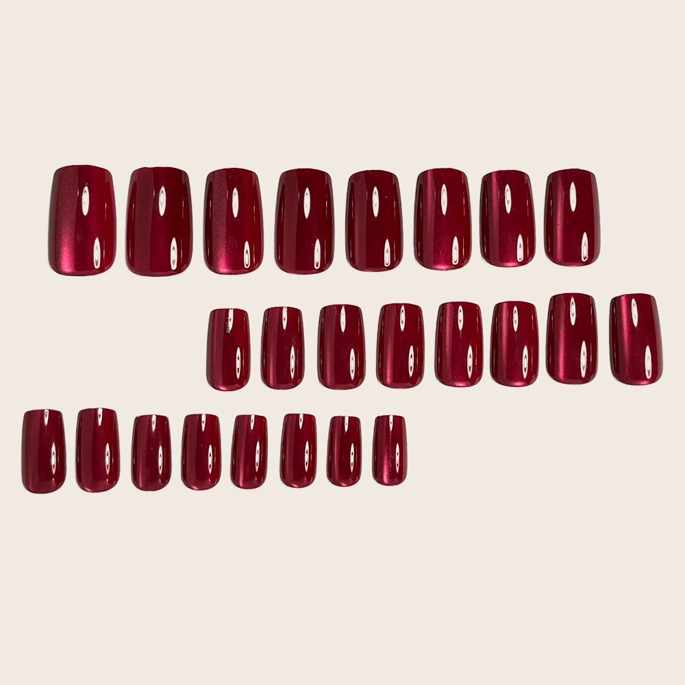 Glossy Wine Red Cat Eye Medium-Short Square Press-On Nails, 24-Pc Kit