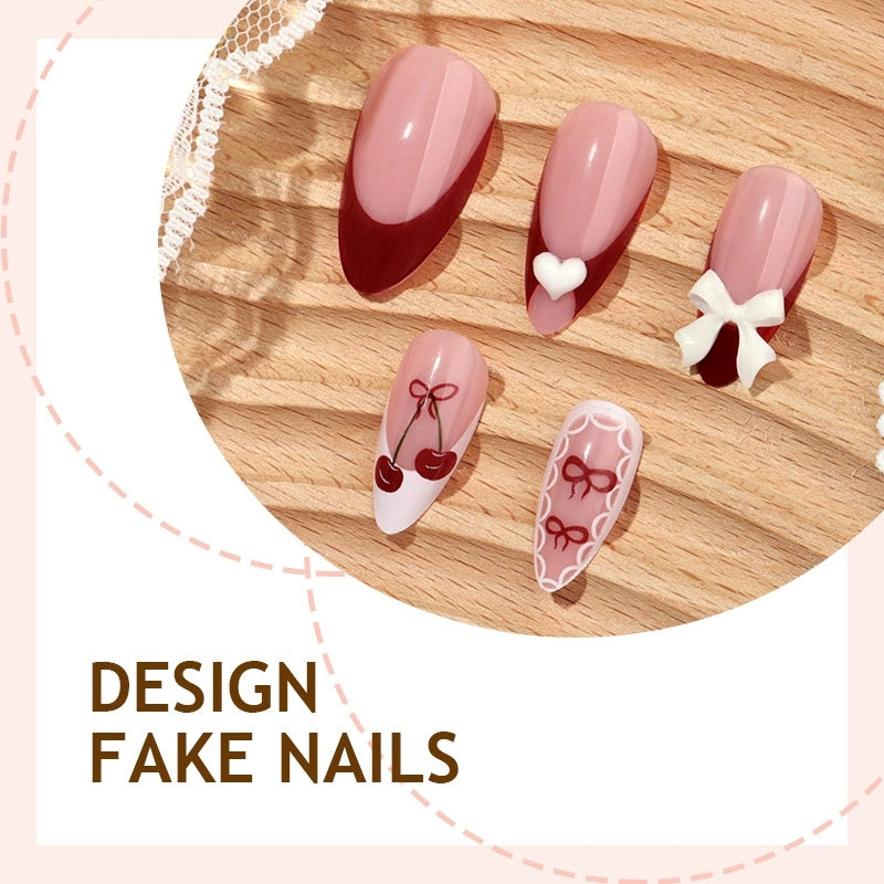 Cherry French Press-On Nails with 3D Bows & Hearts – Medium Short