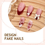 Cherry French Press-On Nails with 3D Bows & Hearts – Medium Short