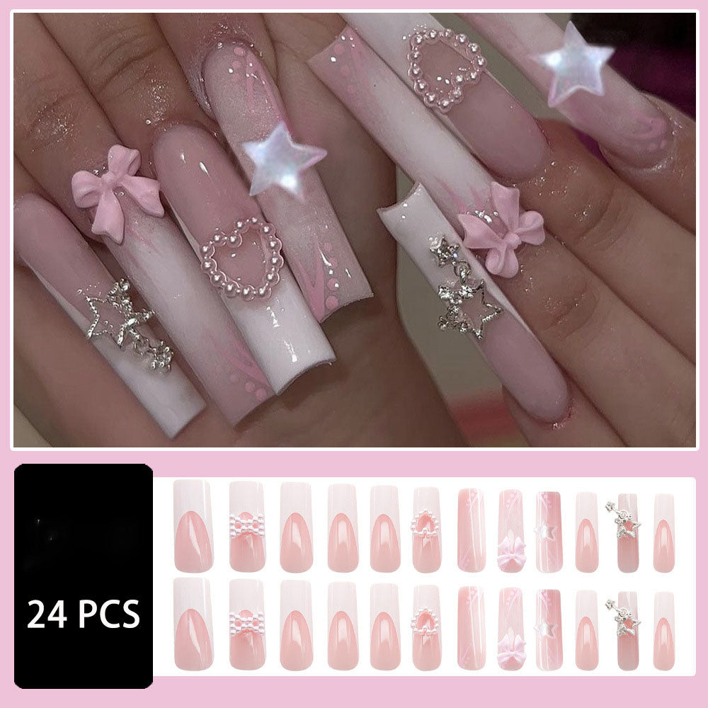 24-Piece Pink French Bow, Pearl Heart & Star Long Coffin Press-On Nails