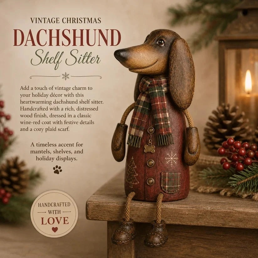 Vintage Christmas Dachshund Shelf Sitter – Farmhouse Holiday Decor