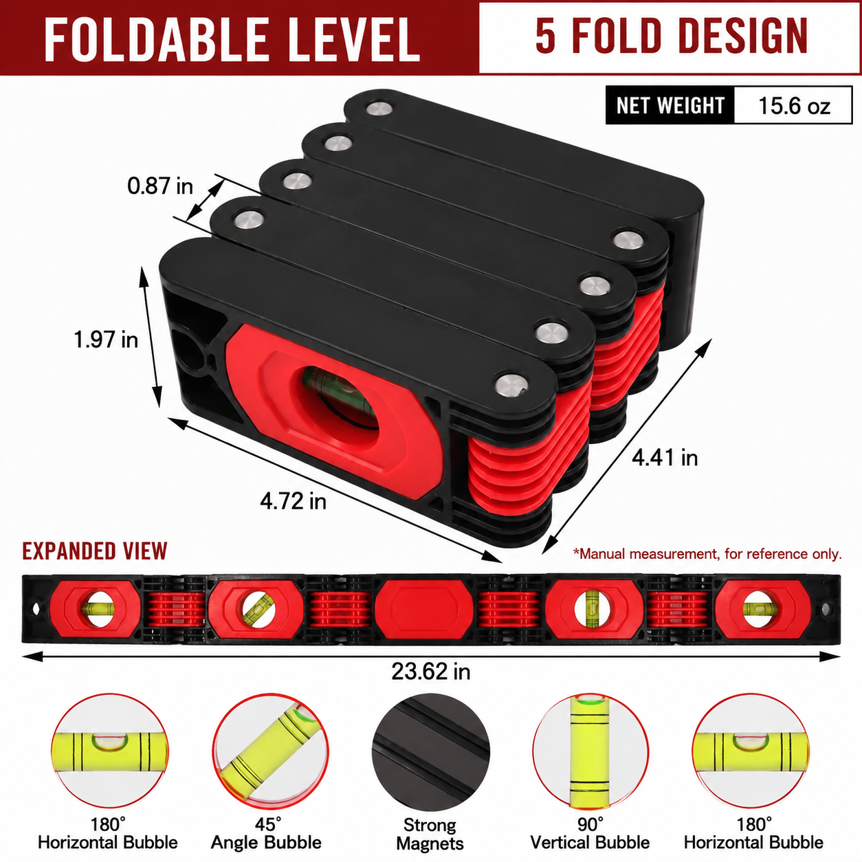 Foldable Magnetic Level Tool with Multi-Angle Bubble Vials, 5 Section Folding Level