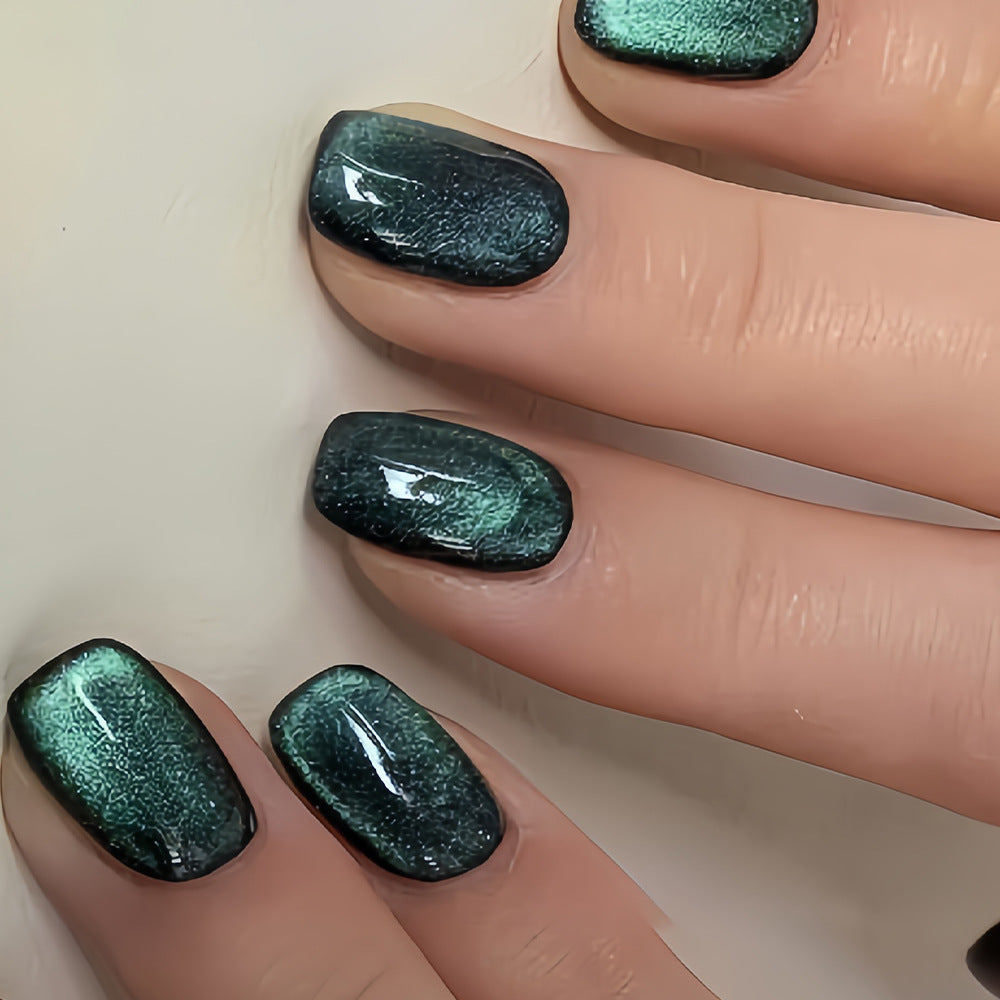 Dark Green Cat Eye Press On Nails – Short Square Glossy Design