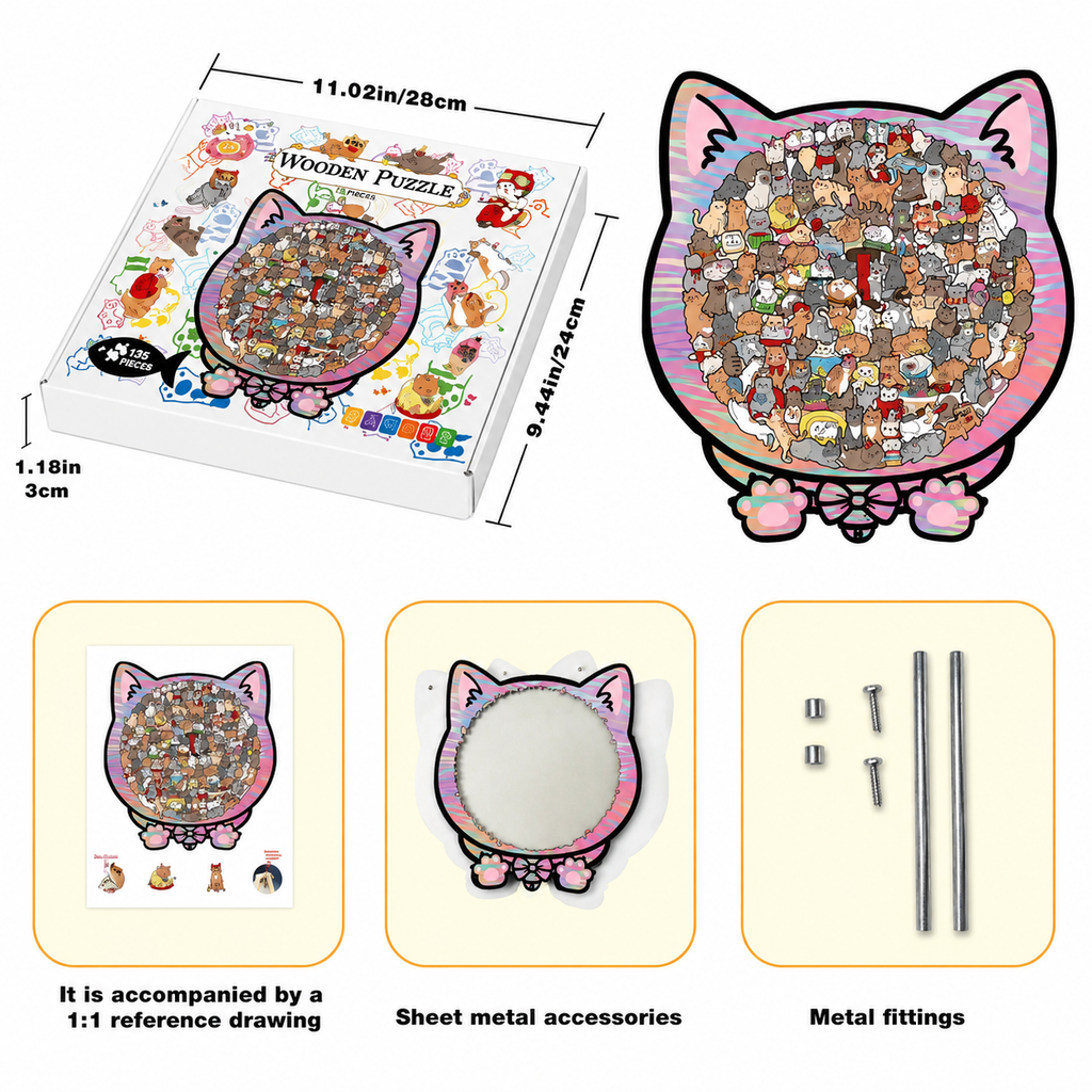 Morandi Colored Cat Shaped Wooden Jigsaw Puzzle