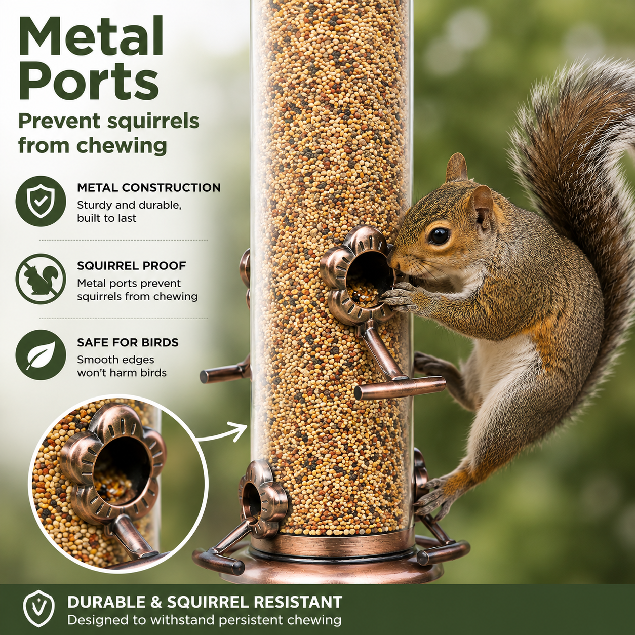 Stainless Steel Tube Bird Feeder for Wild Birds, Squirrel-Resistant