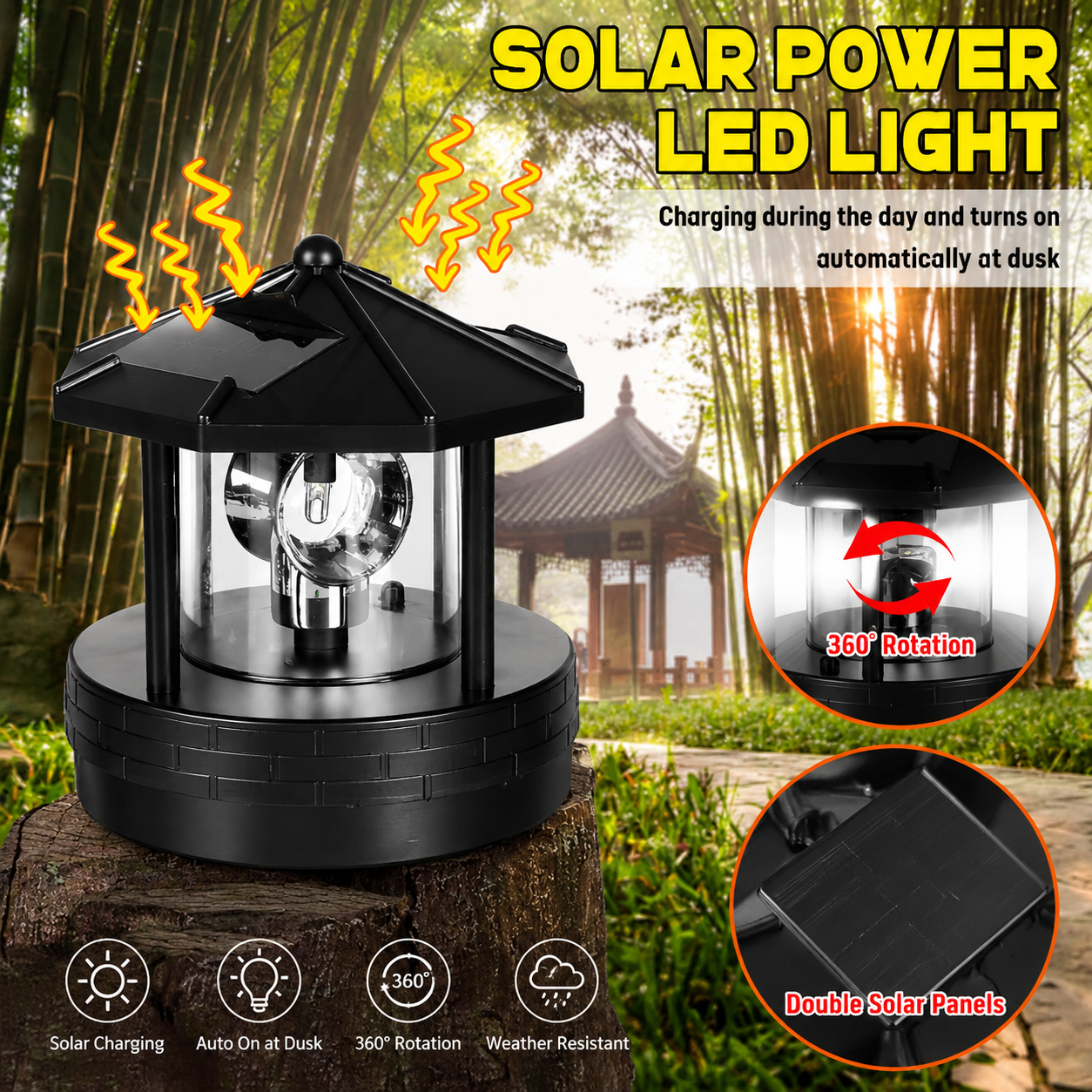 Solar Powered Rotating Lighthouse LED Garden Light Waterproof Outdoor Decor