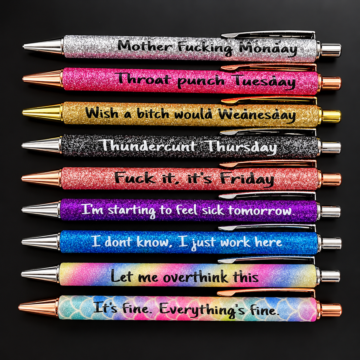 Funny Sarcastic Glitter Pens – 7 or 9 Pack Ballpoint Pen Set