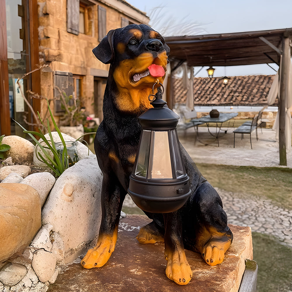 Resin Dog Statue with Solar Lantern, Outdoor Garden Decor Light
