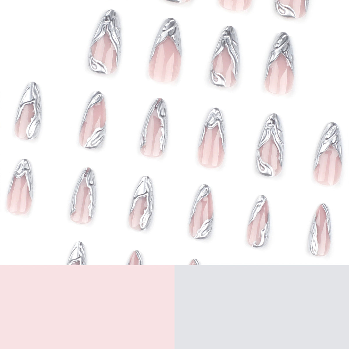 Silver 3D French Long Teardrop Press-On Nails, 24 Pcs + Glue
