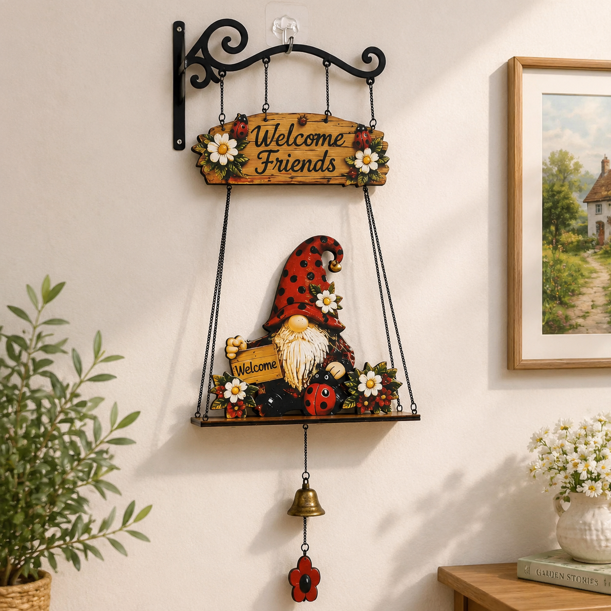 Farmhouse Hanging Welcome Sign with Gnome Decor for Front Door