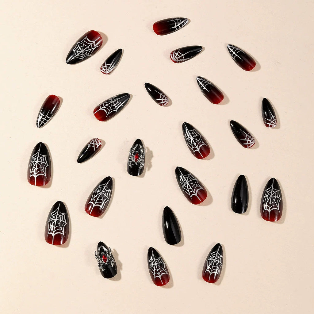 Halloween Black-and-Red Spiderweb Medium Almond Press-On Nails, 24-Pc