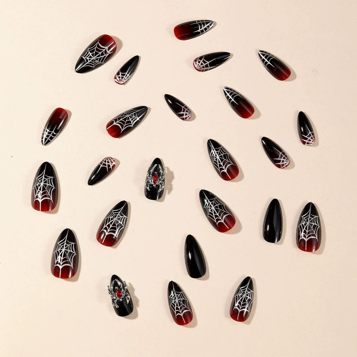 Halloween Black-and-Red Spiderweb Medium Almond Press-On Nails, 24-Pc