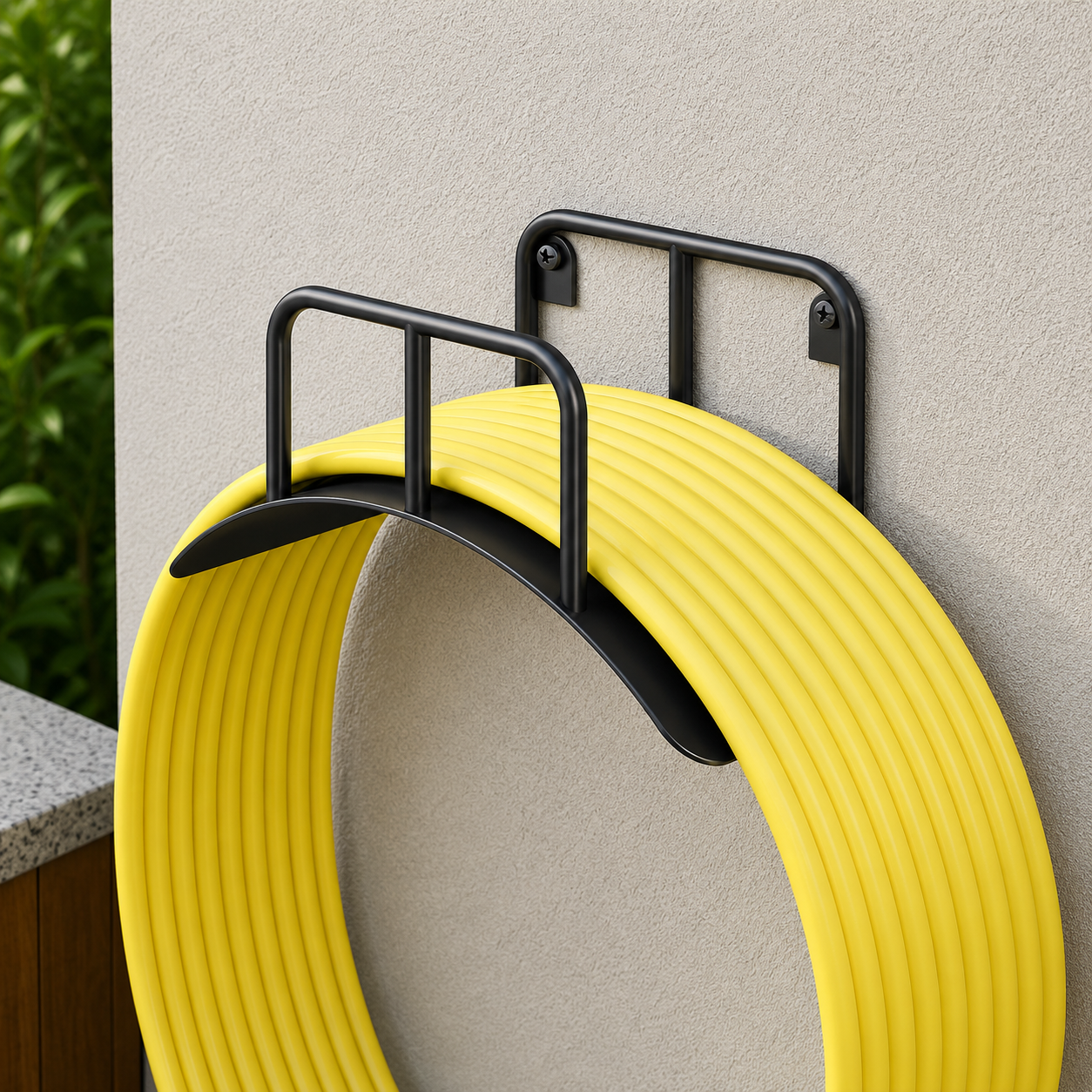 Black 304 stainless steel wall-mounted garden hose holder storing a coiled yellow hose