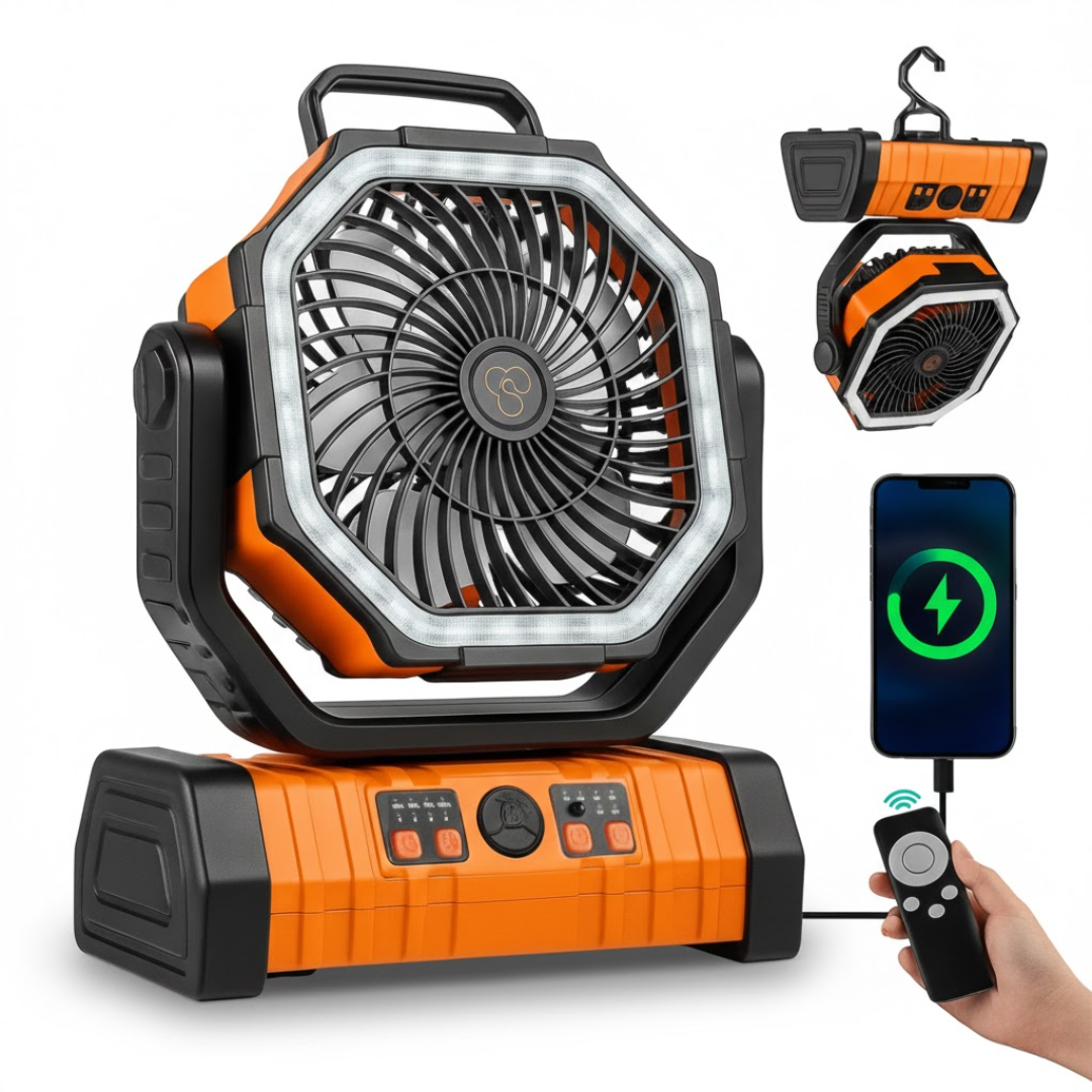 Portable 3-in-1 Camping Fan with LED Light and 20000mAh Battery