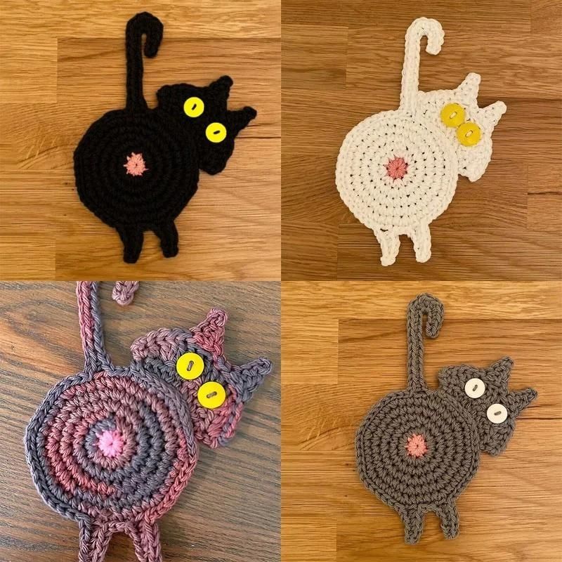 4-Pack Handmade Crochet Cat Butt Coasters – Funny Cat Lover Gifts